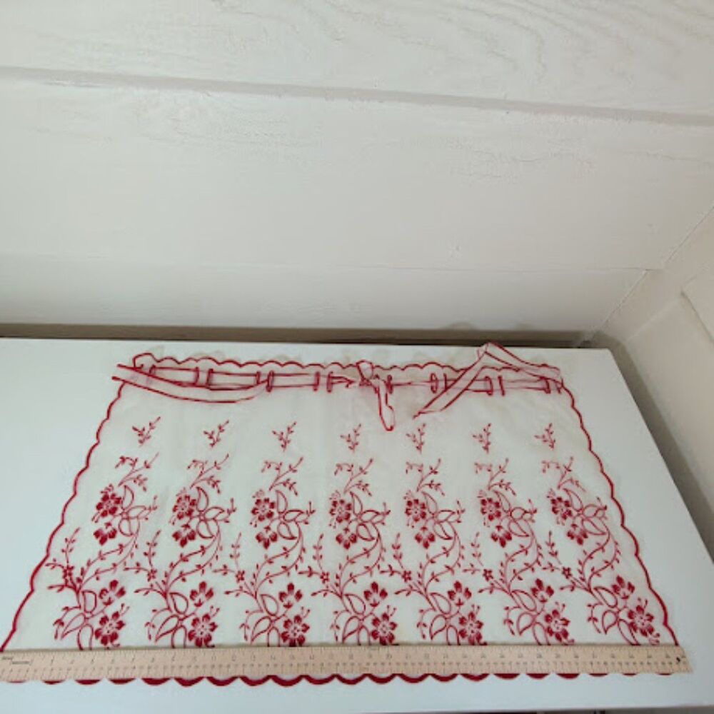 Vintage 1950s Sheer Hostess Apron – Red Floral Embroidery & Scalloped Edge